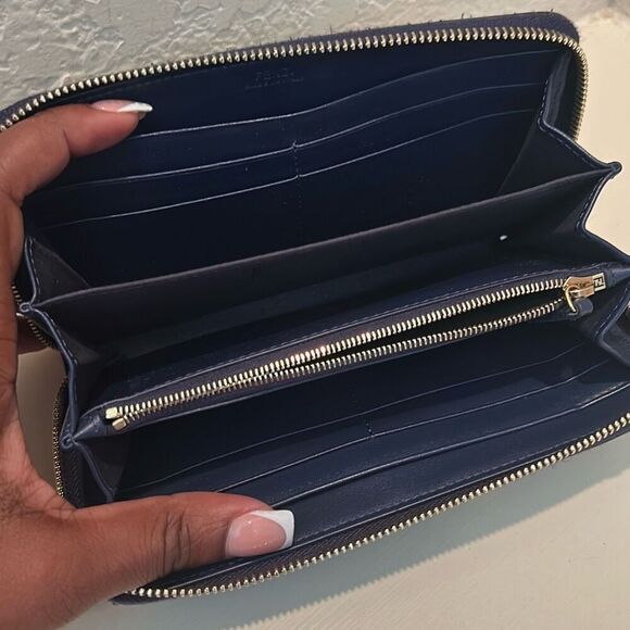 Fendi Zip Around Continental Long Wallet Dark Blue Leather Luxury Minimalist - Picture 5 of 14